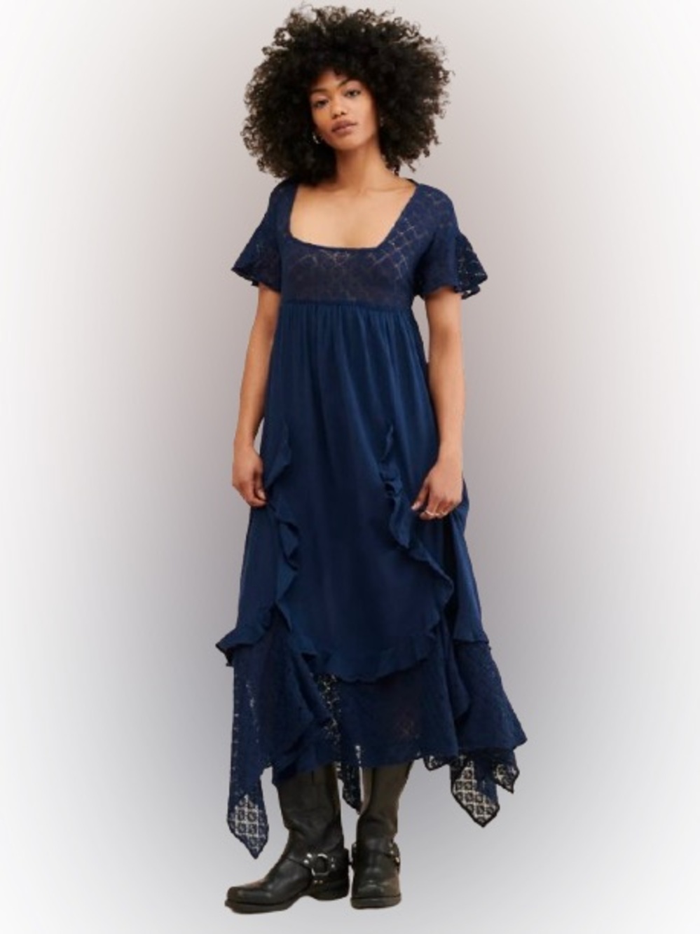Free People Free-ist Bring the Romance Maxi Dress Sz M Navy Boho Lace Romantic